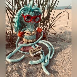 Handmade Knit Princess Seea Doll Octopusus Flamingo Raft Book Glasses OOAK Doll